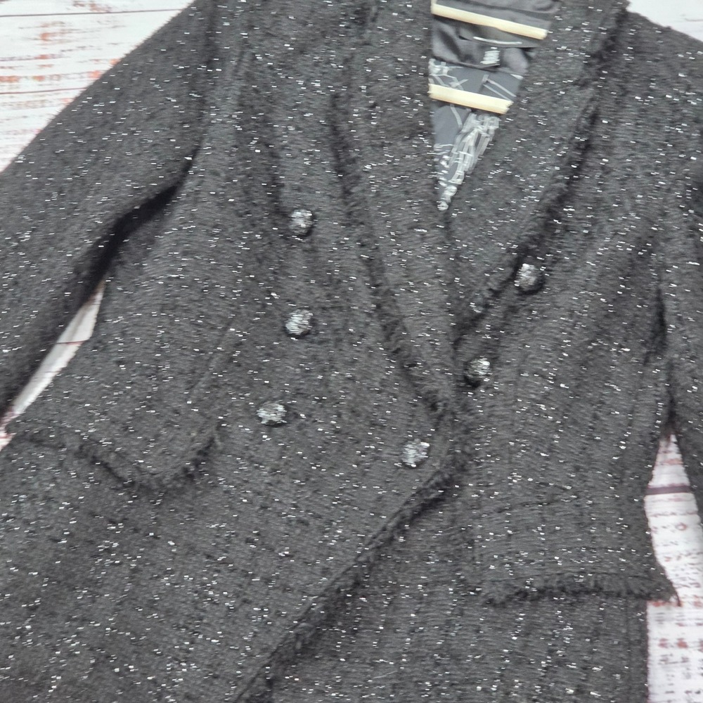 WHBM Studio Blazer Womens 6 Black Metallic Tweed Double Breasted Fringe Jacket